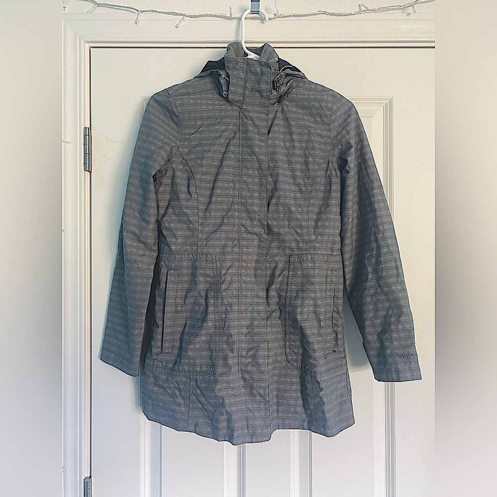 Marmot Womens Membrain Waterproof Hooded Full Zip Long Plaid Jacket, Gray XS
